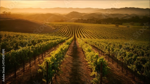 Golden vineyards stretch across rolling hills bathed in warm sunset light,