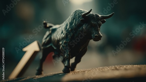 A charging bison statue with prominent horns symbolizes strength and financial growth,