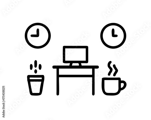 Icon showing desk, computer, clocks, coffee, and trash