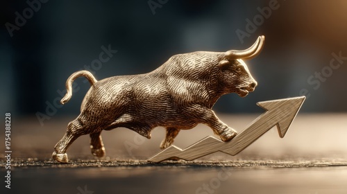 A gold figurine symbolizing economic growth shaped as a stylized upward arrow represents financial prosperity and bullis