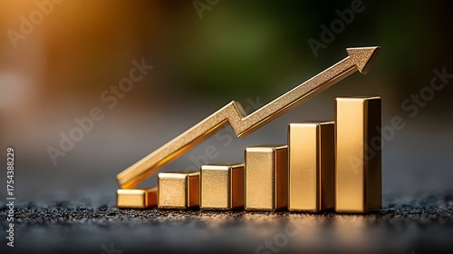 A shiny golden bar graph displays five vertical bars ascending left to right,