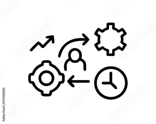 Process optimization with gears, clock, person, and arrows