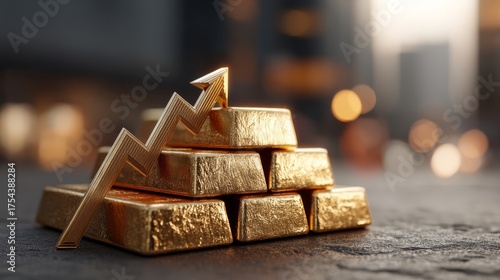 Several gold bars stacked together with one standing upright featuring an upward zigzag pattern symbolizing growth,