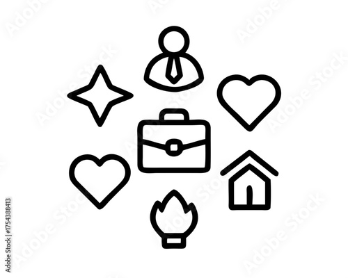 Worklife balance with briefcase, person, star, heart, house