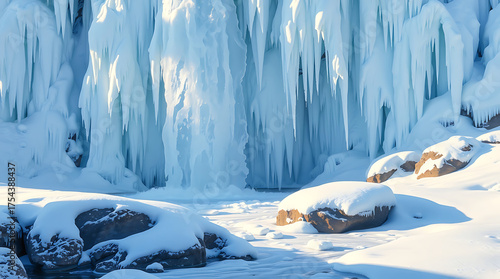 Frozen Cascade: A breathtaking winter landscape featuring a majestic waterfall transformed into an icy spectacle. capture the cold beauty of winter and the awe-inspiring power of nature. 