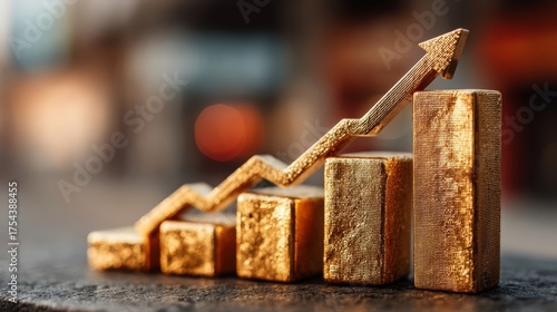 Three golden bars placed on a textured surface with an upward pointing arrow between them against a softly blurred backg