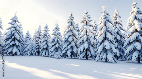 Winter Wonderland: A serene vista unfolds as snow-laden fir trees stand in a snow covered landscape, capturing the ethereal beauty of a winter day.