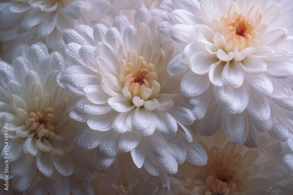 Obraz premium Soft White Chrysanthemum Close-Up with Dewdrops — Macro Floral Photography Highlighting Delicate Cream Petals and Fresh Morning Beauty