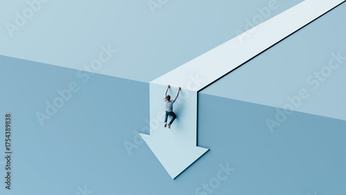 Canvastavla Man hanging from the edge of a large downward arrow, symbolizing failure, risk,