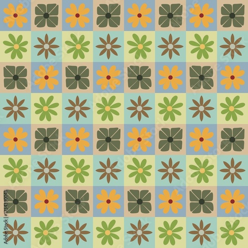 Retro Mid-Century Flower Grid Seamless Pattern, Vintage Earth Tones Textile Background, Stylized Floral Geometric Wallpaper for Home Decor