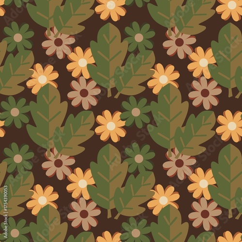 Retro Mid-Century Flower Seamless Pattern, Vintage Autumn Earth Tones Textile Background, Stylized Floral Geometric Wallpaper for Fall Decor.