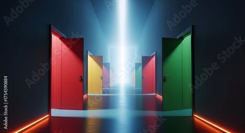 Abstract geometric tunnel with bright light beam and colorful walls