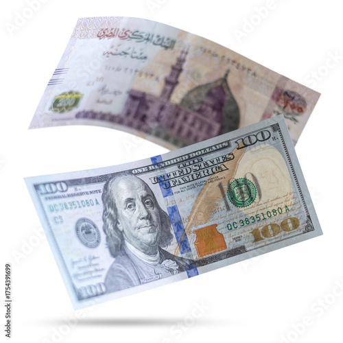 Egyptian 200LE Banknotes and 100$ Flying on a White Background, Currency Exchange Concept, Focus on USD