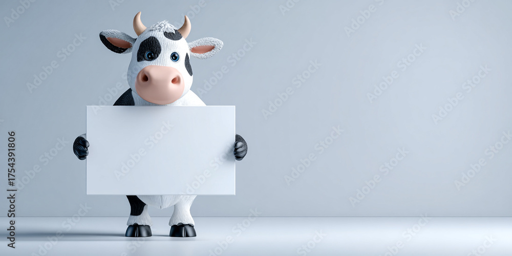 Fototapeta premium Cute cow standing upright, holding blank sign, showcasing playful and friendly demeanor in minimalist setting