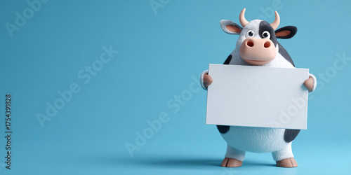 Cute cow standing upright, holding empty sign against blue background, exuding cheerful and playful vibe