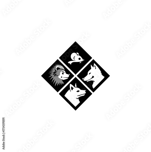 Stylized animal portraits on black background graphic design concept illustration