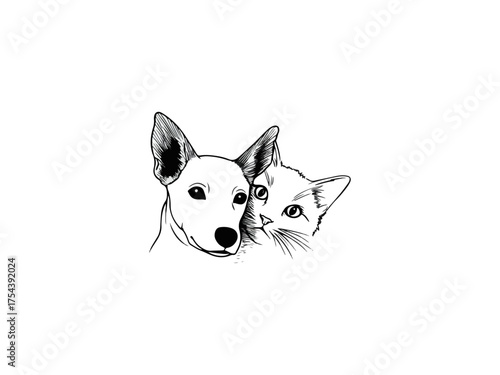 Dog and cat companionship black and white illustration