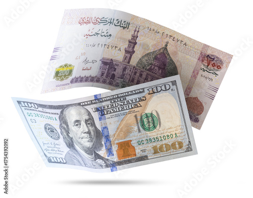 Egyptian 200LE Banknotes and 100$ Flying on a White Background, Currency Exchange Concept, All in Focus