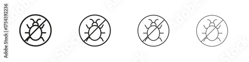 No Bug icon set in line style. symbol in outline style