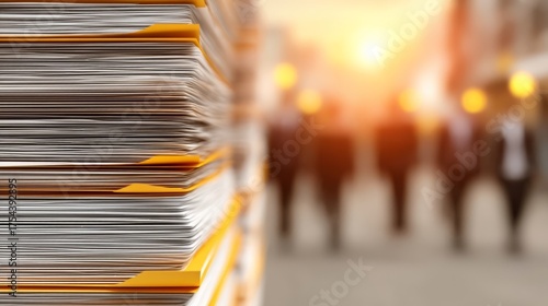 A stack of paper files with yellow tabs arranged neatly, featuring four individuals blurred in the background,