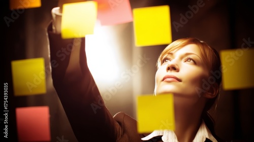 A determined woman reaches towards vibrant sticky notes in a bright setting,