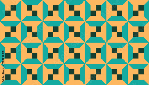 A seamless geometric pattern featuring square-based shapes with teal and mustard yellow tones, creating a modern and balanced visual rhythm