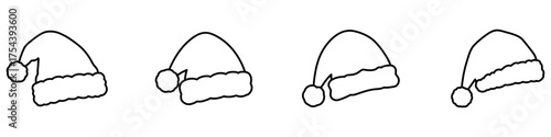  Santa Claus hat outline illustration. Set of black icons isolated on white background. Vector illustration.