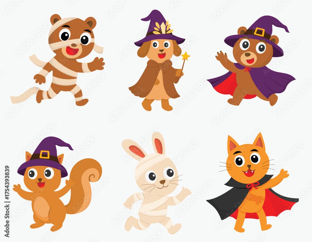 Obraz premium Cute cartoon animals in Halloween costumes including witches, mummy, and vampire