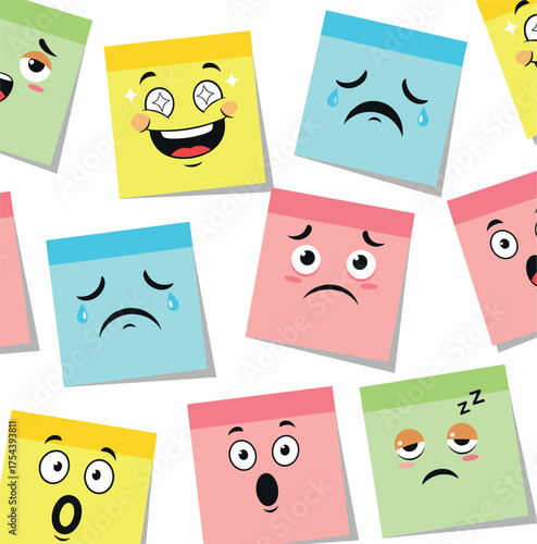 Cute sticky notes with different facial expressions and emotions