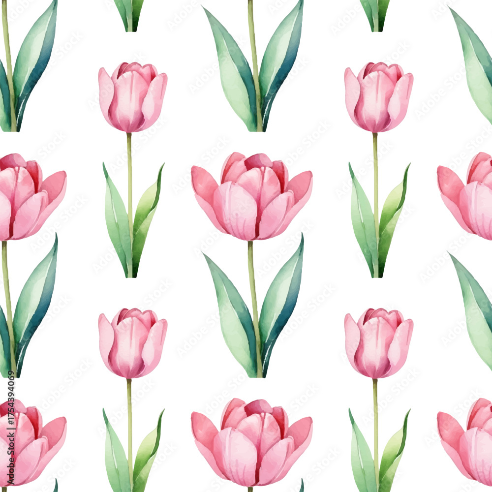Fototapeta premium Watercolor tulip pattern. spring flowers. Beautiful romantic endless background for Valentine's Day, festive design, fabric.
