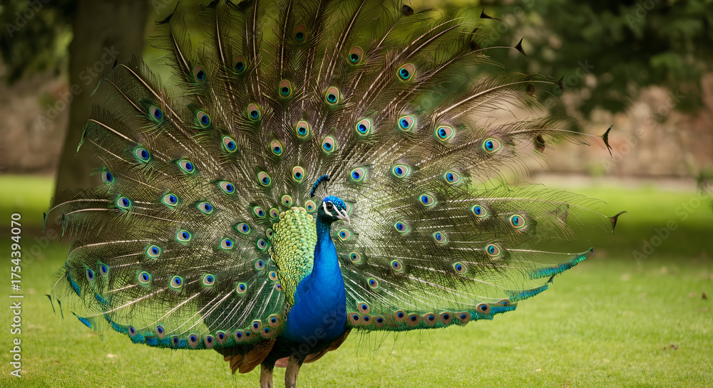 Obraz premium Majestic peacock in vibrant full display, fanning iridescent tail feathers with eye-spots. Stunning photograph capturing avian splendor and natural elegance against a green backdrop