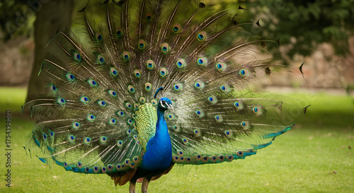 Wallpaper Mural Majestic peacock in vibrant full display, fanning iridescent tail feathers with eye-spots. Stunning photograph capturing avian splendor and natural elegance against a green backdrop Torontodigital.ca