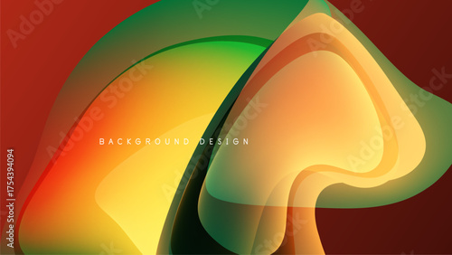 Abstract fluid shapes overlap, creating vibrant orange, green hues against black backdrop. Smooth gradients define flowing design elements.