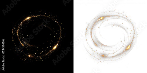 Abstract swirl illustration with golden sparkles on contrasting black and white backgrounds, creating a dynamic visual effect for creative design projects and artistic applications