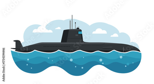 Illustration of a Submarine Sailing on Ocean Water with Clouds in the Background