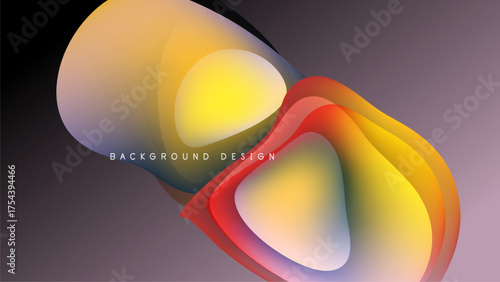 Abstract colorful shapes overlap, creating dynamic visual effect. Gradient hues blend smoothly against dark backdrop. Modern design element.