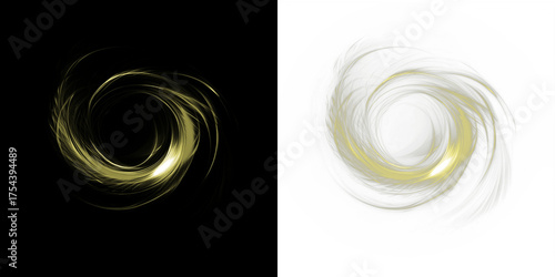 Abstract swirl design featuring golden hues on contrasting black and white backgrounds, creating a dynamic visual effect for artistic and commercial use
