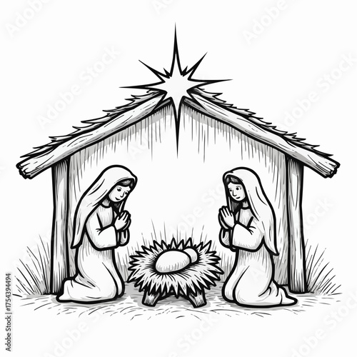 Nativity scene figurines arranged with stable and hay background in sketchy doodle style  