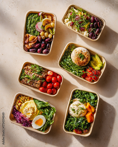 Variety of Healthy Meal Prep Containers with Fresh Vegetables, Grains, and Protein for Balanced Diet and Nutrition Concept of Wellness, Dieting, and Clean Eating