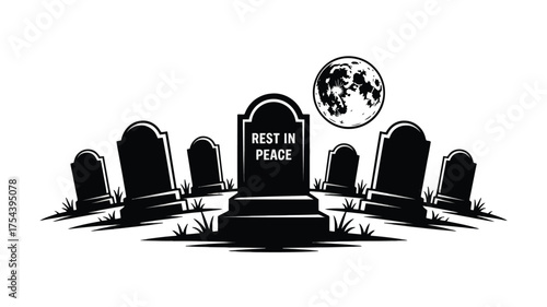 Silhouette of tombstones with moon vector illustration for Halloween isolated on white background
