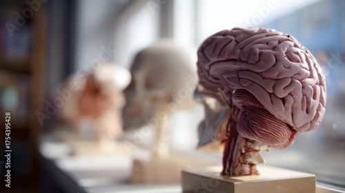 Anatomical brain models on display in medical classroom setting