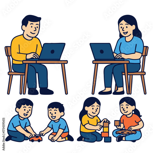 Isolated separated layered colorful illustration of family with parents working