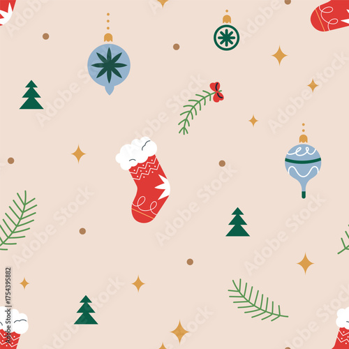 Christmas and New Year pattern. Seamless festive background design with winte...