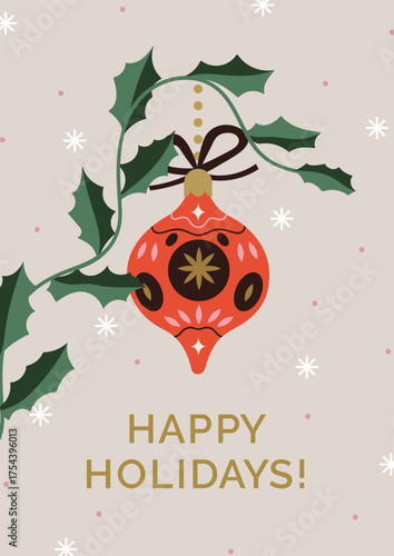 Christmas and New Year, holiday card design with festive bauble on branch. Gr...