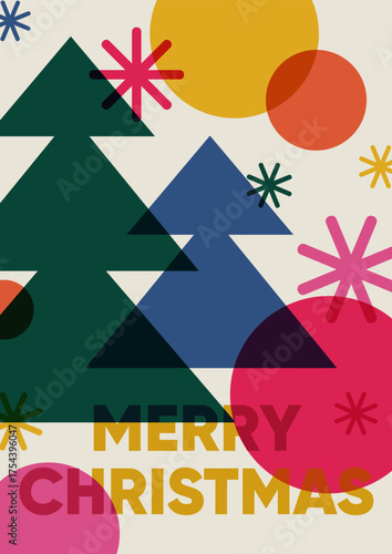 Merry Christmas card design. Festive winter holiday greeting poster, colorful...