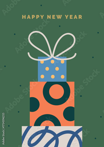 Happy New Year card design. Festive winter holiday poster with greeting typog...