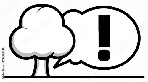 Tree with exclamation mark in thought bubble graphic