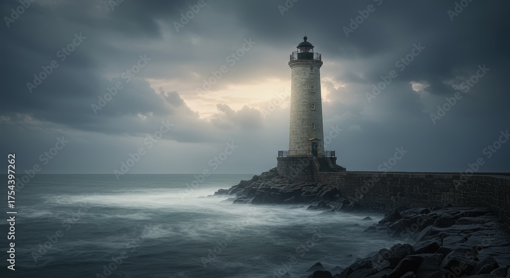 Fototapeta premium Lighthouse on rocky coastline under dramatic cloudy sky