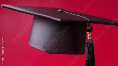 A black graduation cap with a braided tassel stands out against a vibrant red background,