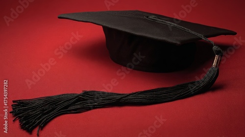 A black graduation cap with a long tassel hangs against a rich red background, dramatic lighting highlights its shape,